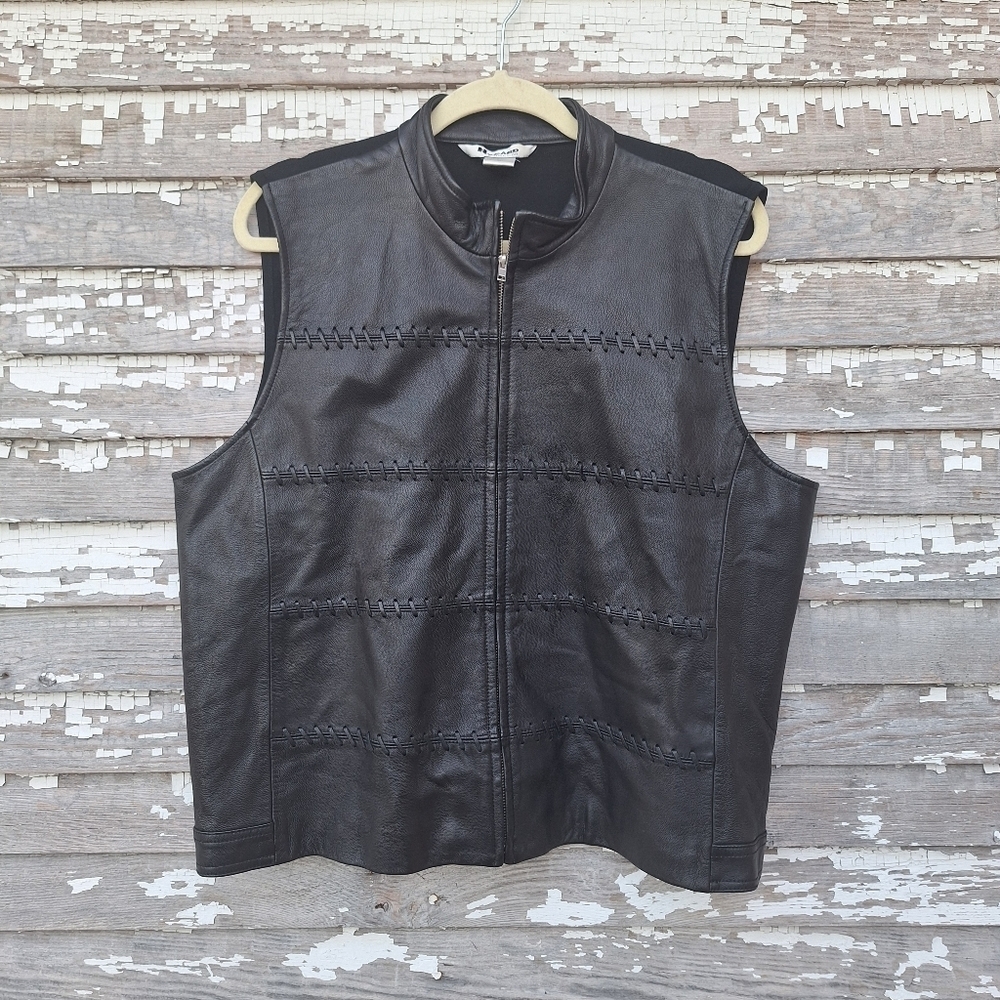 Nygard Black Leather Silk Back Lacing Detail Zip Up Vest‎ Moto Grunge Goth XL
